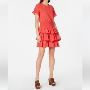 Michael‎ Michael Kors Coral Tiered Ruffle Dress Smocked Waist Size Large